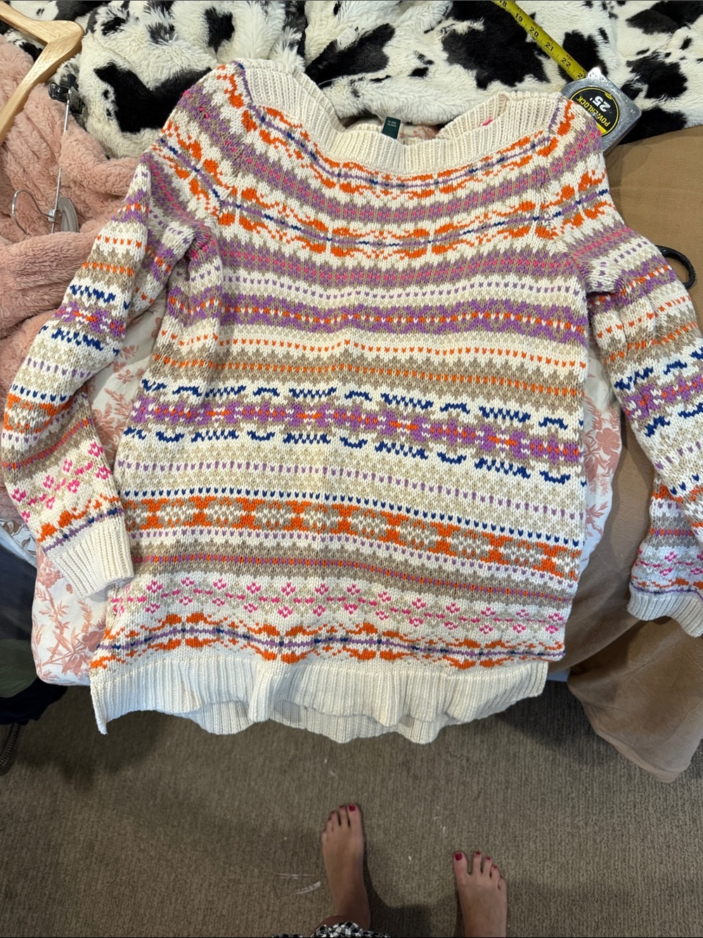 Fair Isle-Patterned Cream Women’s Sweater with Multicolor Stripes